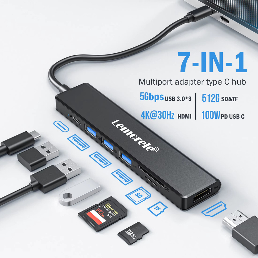 Lemorele 7-in-1 USB Hub Dockingstation in Grau mit HDMI 4K UHD, USB 3.0, SD TF und PD 100W für Windows und Mac - Bild 2