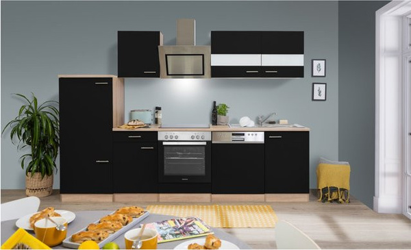 Respekta Economy Küchenzeile KB280ESSSC mit Kühlschrank und Geschirrspüler in Schwarz-Eiche Sägerau, Breite: 280 cm