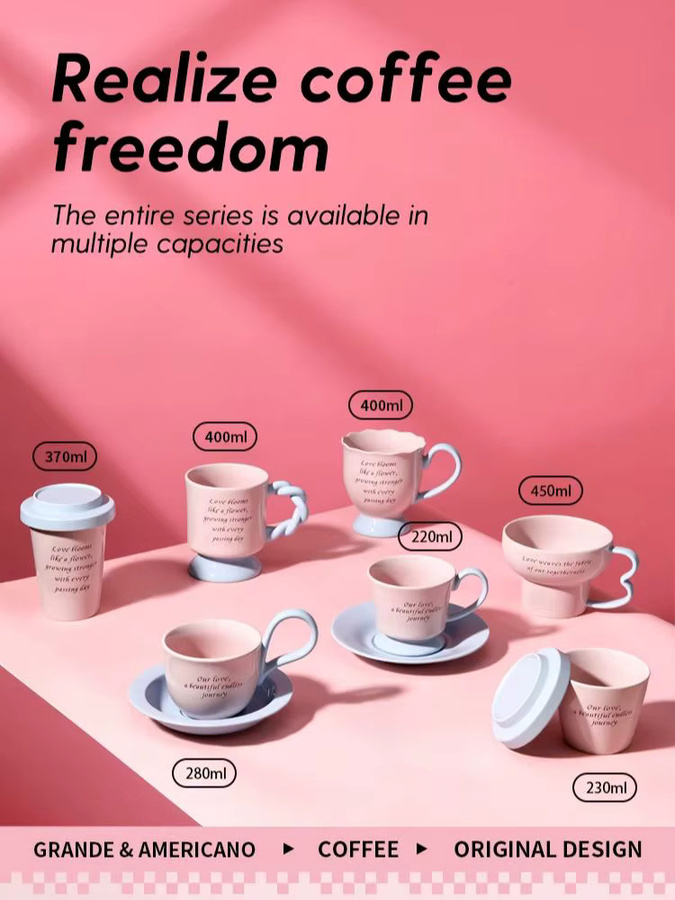 SOLECASA Kaffeetassen-Set aus Keramik in Rosa mit Deckel, verschiedene Fassungsvermögen von 230 ml - Bild 3