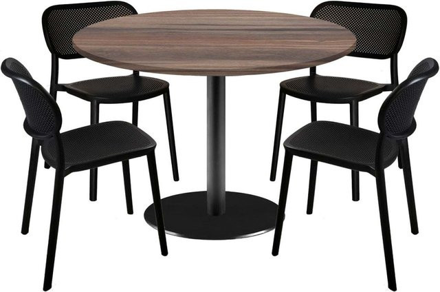 RestooTab Esstisch-Set Rome XL mit 4 Stühlen, runder Esstisch in Eiche geräuchert und Schwarz, Durchmesser: 120 cm, Höhe: 75 cm - Bild 1