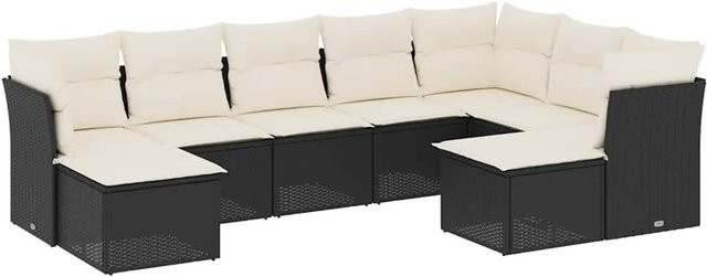 vidaXL 9-tlg. Garten-Sofagarnitur in L-Form aus Poly-Rattan mit Kissen in Schwarz und Cremeweiß - Bild 1