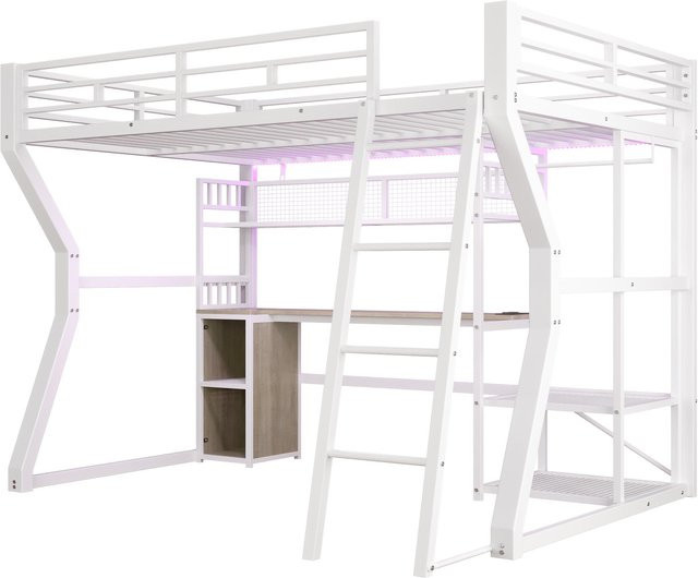 Modernes Hochbett von WM Store DE in Weiß mit integriertem Schreibtisch, LED-Lichtleiste, USB-Ladeport und Steckdose, H x B x T: 204 x 181,5 x 180 cm - Bild 1