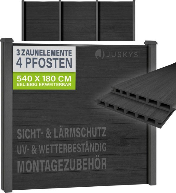 JUSKYS WPC Sichtschutzzaun 3er Set mit Pfosten und Zubehör aus WPC und Stahl in Anthrazit/Grau - Bild 1