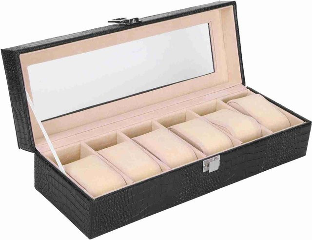 OutsideWorld Uhrenbox PU-Leder, 6-Schlitz, Schwarz, beige - Bild 1