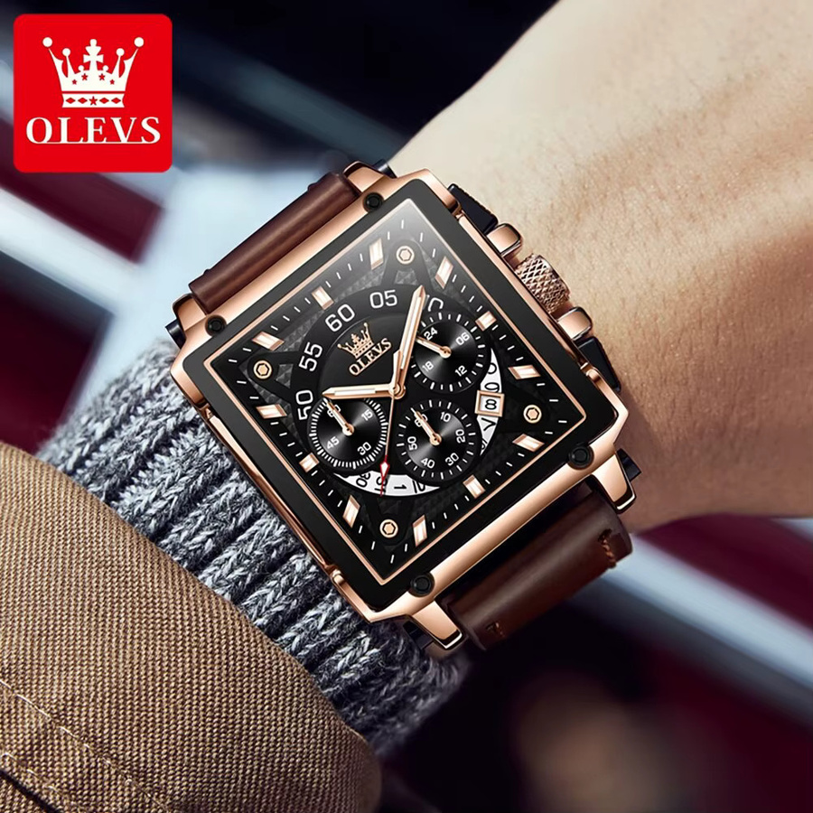 Olevs Armbanduhr, Quarz, Eckig, Lederband, Schwarz, Herren - Bild 4