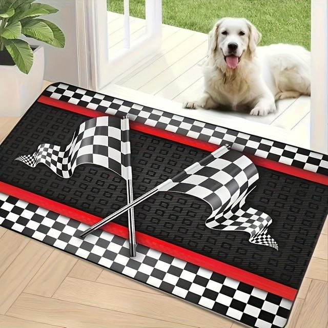 VIKAMA Rennsport-Themenmatte mit schwarz-weiß kariertem Flaggen-Print, rutschfest und maschinenwaschbar, Schwarz-Weiß - Bild 1