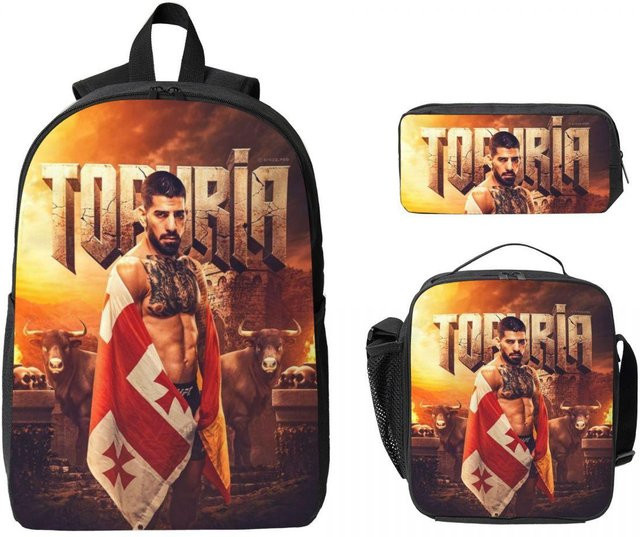 Fancy Style Studio Rucksack Set Ilia Topuria Ringer für Jungen und Mädchen mit Federmäppchen und Brotdose, 3-teilig, Schwarz/Mehrfarbig - Bild 1