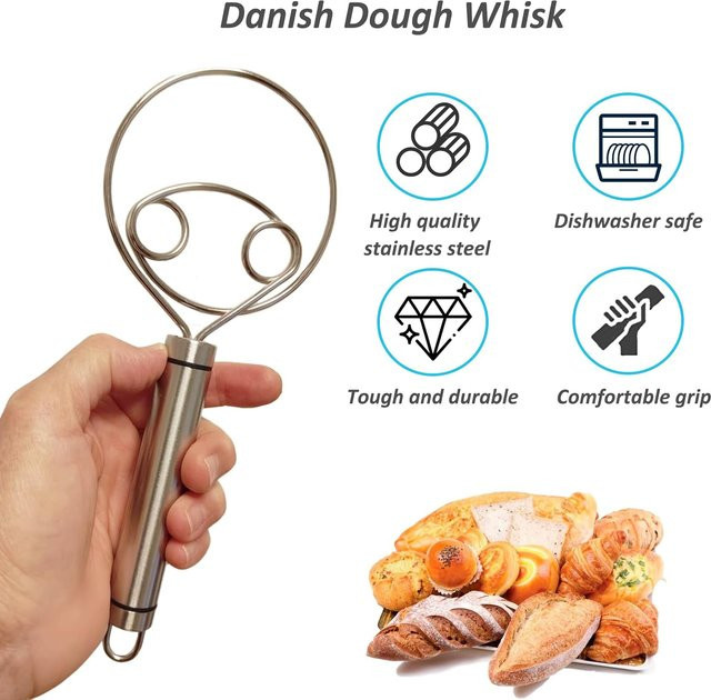 Dänischer Teigschneebesen aus Edelstahl in Silber für Sauerteig, Pizza und Gebäck, spülmaschinenfest - Bild 1