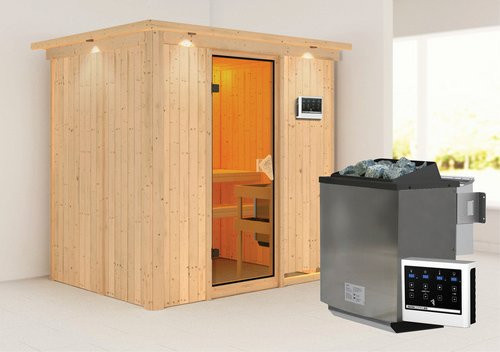 Karibu Sauna Kothla in Beige mit 9 kW Bio-Kombi-Saunaofen und externer Steuerung für 3 Personen, B/T/H: 202 x 165 x 210 cm - Bild 1