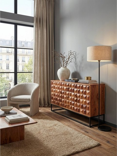 Sideboard KADIMA DESIGN aus Mango Massivholz und Metall in Braun mit 2 Türen und Schubladen, B/T/H: 145 x 45 x 81 cm - Bild 1