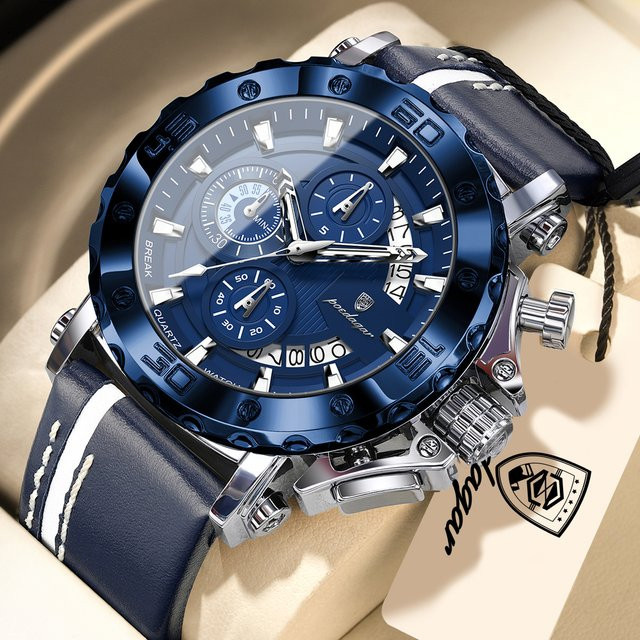 POEDAGAR Armbanduhr Chronograph, Quarz, Lederarmband, Herren, Blau - Bild 1