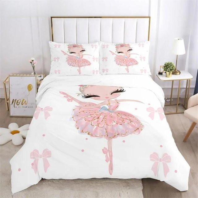 Bettwäscheset Cartoon Ballettmädchen mit Bettbezug und Kissenbezügen aus Mikrofaser, Farbe: Weiß, B/H: 173 x 218 cm - Bild 1