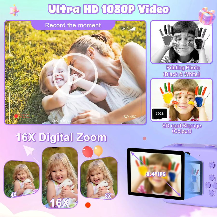 RIVGOT Kinderkamera mit Sofortdruck und MP3-Videospiel für Jungen und Mädchen, Thermodruckkamera in Blau oder Lila - Bild 3