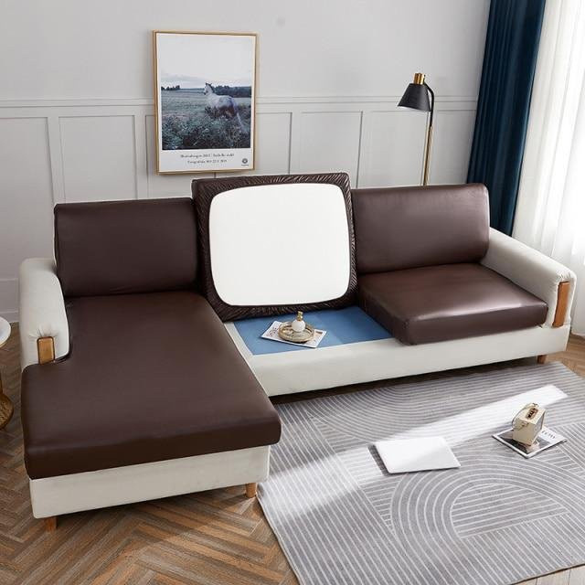 Wasserdichter Sofa-Sitzkissenbezug von FebEr in Braun, abnehmbarer und waschbarer Schonbezug aus Polyester und Baumwolle für PU-Leder-Möbel - Bild 1