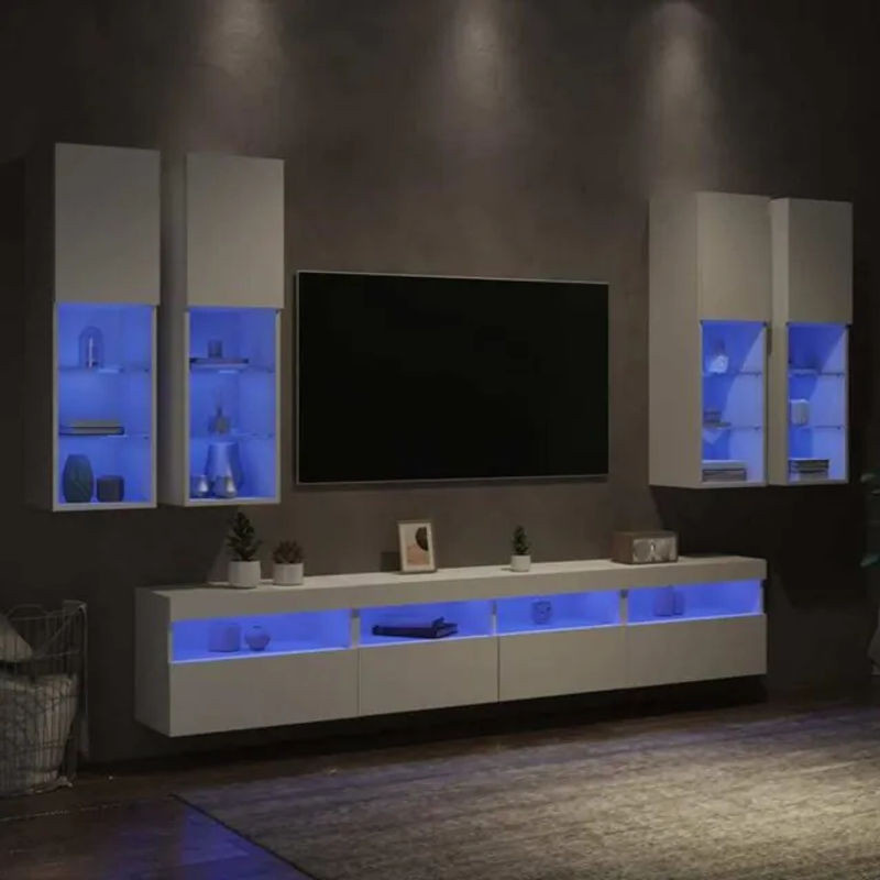Vidaxl 7-teilige moderne TV-Wohnwand mit LED-Leuchten in Weiß aus Holzwerkstoff und Glas - Bild 1