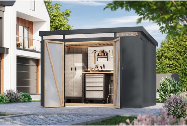 Karibu Metallgerätehaus Neos 3 in Anthrazit aus Trapezblech und Leimholz