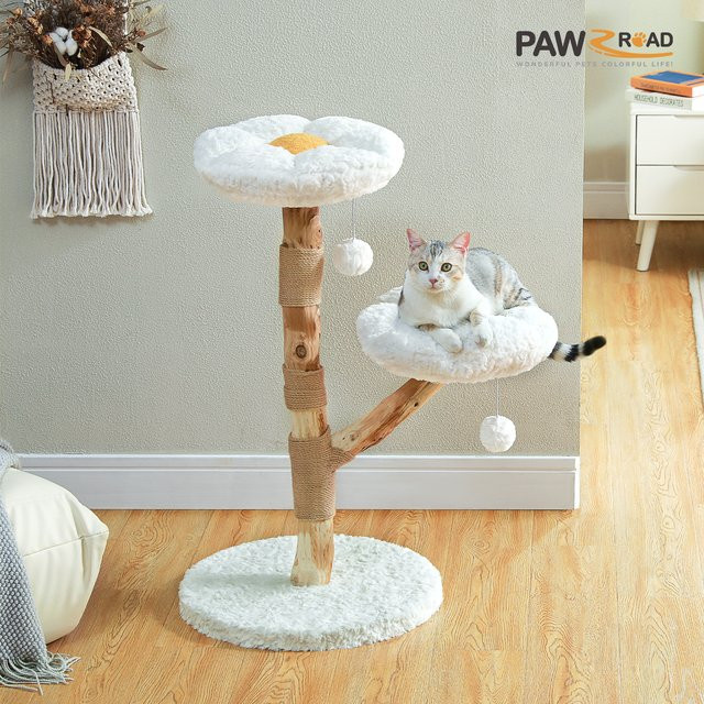 PAWZ Road Blumen-Kratzbaum für Katzen aus Holz in Weiß mit Sisal und integriertem Spielzeug - Bild 1