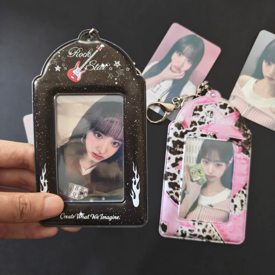 Retro Kpop Fotokarten-Aufbewahrungsetui mit Leopardenmuster als Taschenanhänger, Pink, 3 Zoll - Bild 2