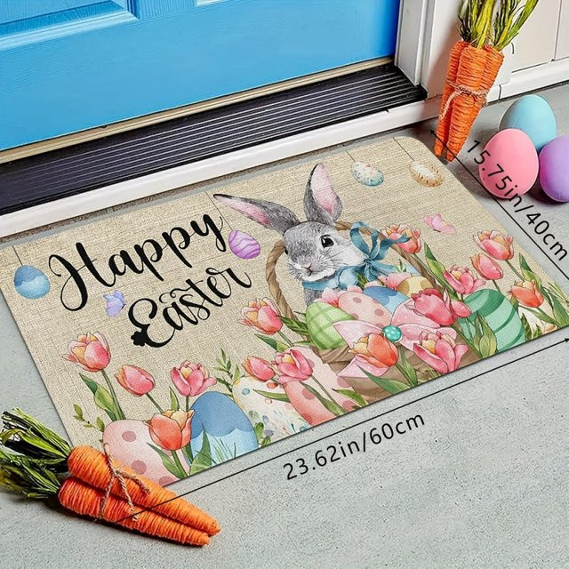 VIKAMA Willkommens-Fußmatte mit Oster-Tulpen- und Hasenmotiven, wasserabsorbierend und maschinenwaschbar, B/T: 60 x 40 cm, mehrfarbig - Bild 1