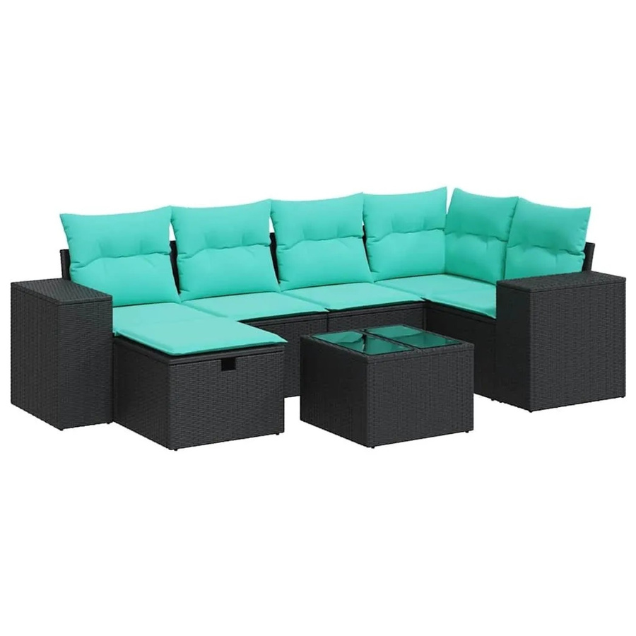 vidaXL 7-teilige Garten-Sofagarnitur in L-Form mit Polsterkissen und Ottoman, Schwarz, Poly-Rattan mit Metallgestell - Bild 2