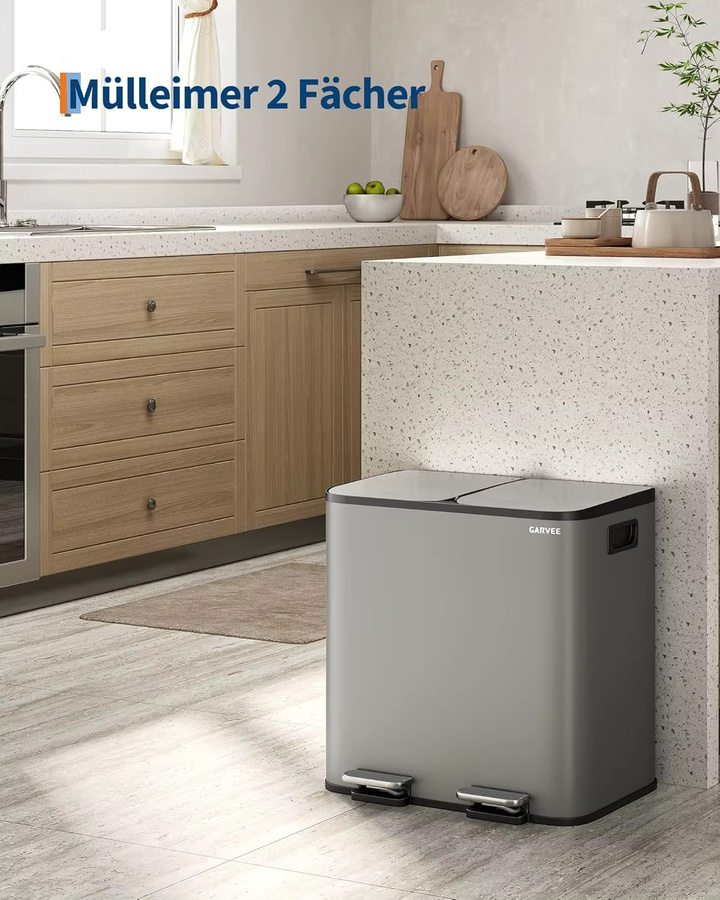 Mülleimer Küche mit 2 Fächern und Softclose-Deckel, Mülltrennsystem aus Edelstahl in Silber/Grau, 2 x 15 Liter, Tretmülleimer mit herausnehmbaren Inneneimern - Bild 5
