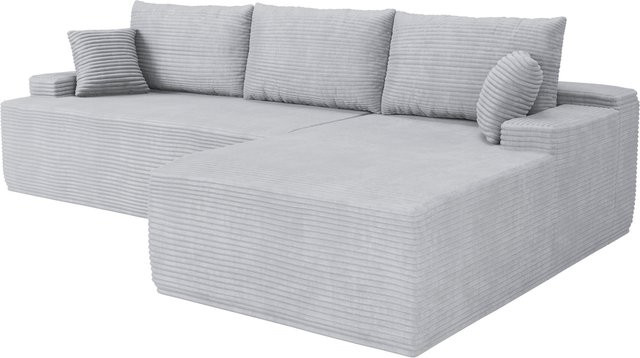 Juskys Ecksofa Coredo als 3-Sitzer in L-Form mit Ottomane rechts, Cord in Hellgrau - Bild 1