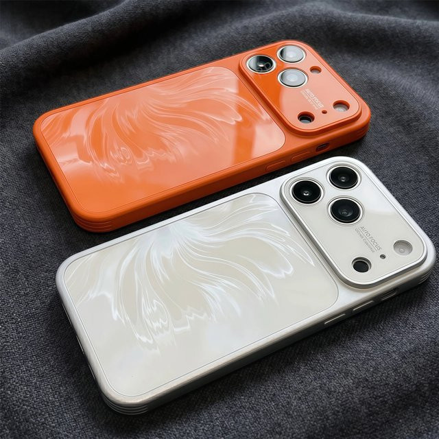 Apple iPhone 14 15 16 17 Pro Max Handyhülle mit Aurora-Feder-Muster und großem Kamerafenster in Gelb und Orange - Bild 1