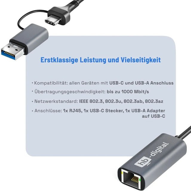 hb-digital USB-C auf Ethernet Adapter mit USB 3.0 in Grau - Bild 1