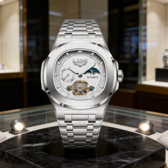 LIGE Armbanduhr Automatik, Edelstahl, Tourbillon, Silber, Herren - Bild 1