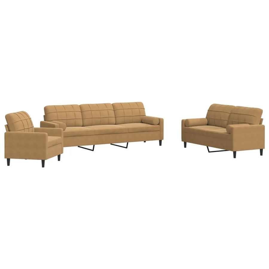 vidaXL Sofagarnitur aus Samt in Braun mit Kissen und Nackenrollen, modernes 4-teiliges Set mit 3-Sitzer-Sofa, 2-Sitzer-Sofa, Sessel und Armlehnen - Bild 2