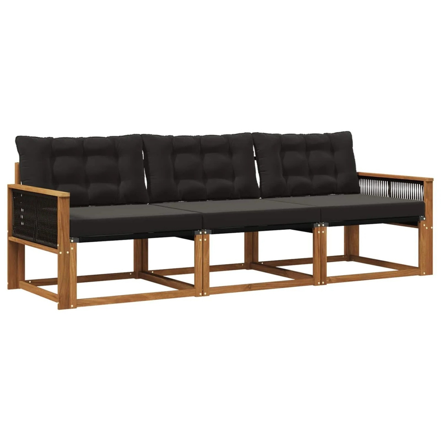 vidaXL Outdoor-Sofagarnitur aus Akazienholz mit Textilene und Kissen, Set bestehend aus 3-Sitzer-Sofa und Lounge-Sesseln, Braun und Schwarz - Bild 2
