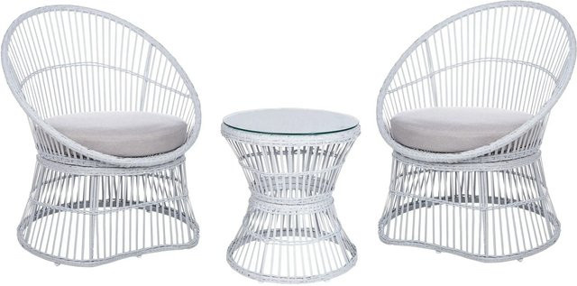 Beliani Bistro Set MESYNA aus pulverbeschichtetem Stahl mit Lounge-Sesseln und Couchtisch in Weiss und Beige - Bild 1