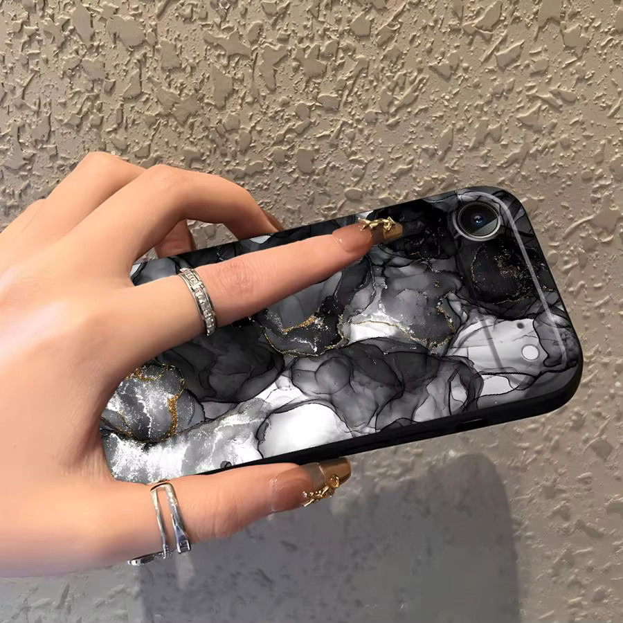 Schwarze weiche Handyhülle mit Kunstvollen Tinten- und Aquarellmustern für Apple iPhone 11 12 13 14 15 16 17 Pro Max XS XR Plus Air - Bild 3