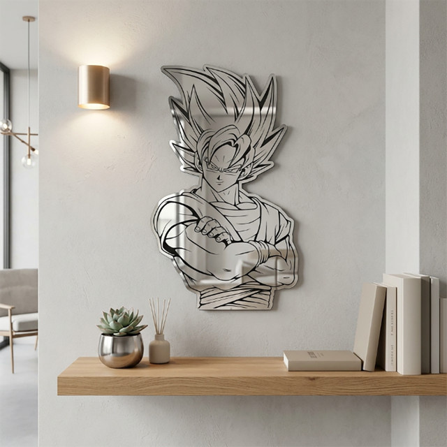 Bandai Super Saiyan Goku Dragon Ball Z Wandspiegel in Silber mit minimalistischer Linienkunst für deine Anime-Dekoration - Bild 1