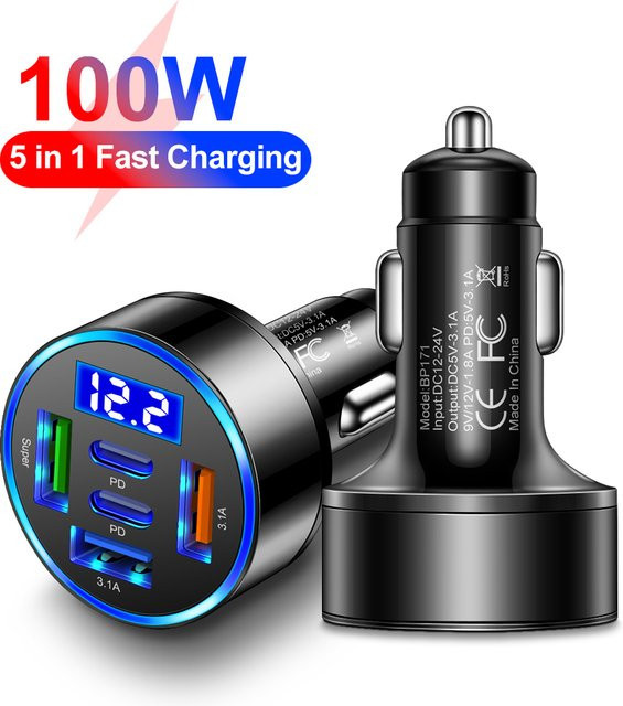 GUSEYEE 100W Autoladegerät mit 5 Ports, Schnellladung PD QC3.0 USB C Typ C Adapter für iPhone Samsung Huawei Xiaomi, Schwarz - Bild 1