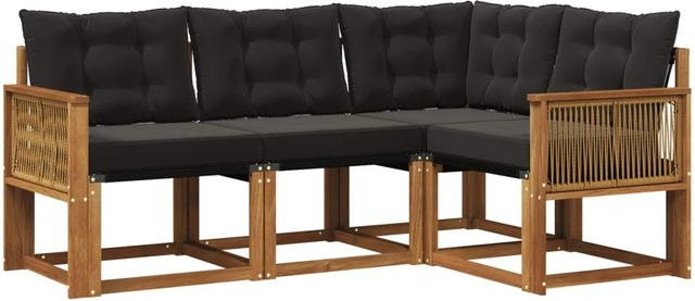 vidaXL Outdoor-Sofagarnitur L-Form aus Akazienholz und Textilene in Natur und Schwarz mit Kissen und Armlehnen - Bild 1