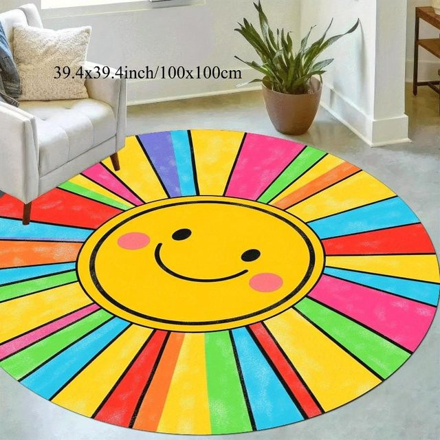 Runder Teppich Regenbogen Sonne Smiley Gesicht aus weichem Flanell in Multicolour, Durchmesser: 80 cm - Bild 1