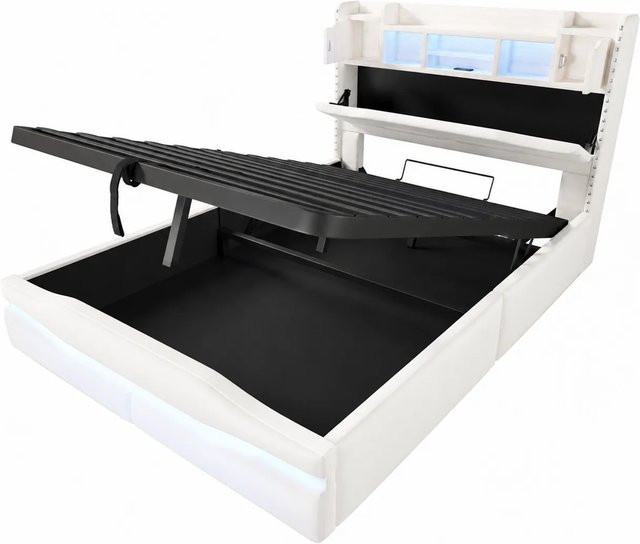 okwish Polsterbett Beige mit LED-Beleuchtung, USB-Anschluss und Hydraulik-Staufach, B/T/H: 140 x 200 x 145 cm - Bild 1