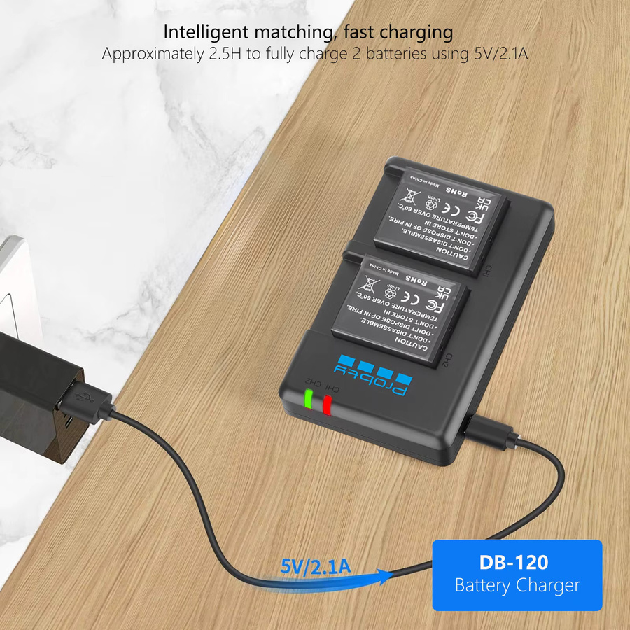 Probty DB-120 wiederaufladbarer Akku mit USB-C-Anschluss für Ricoh GR IV GRIV GR4 Digitalkamera, Schwarz, 2000 mAh - Bild 3