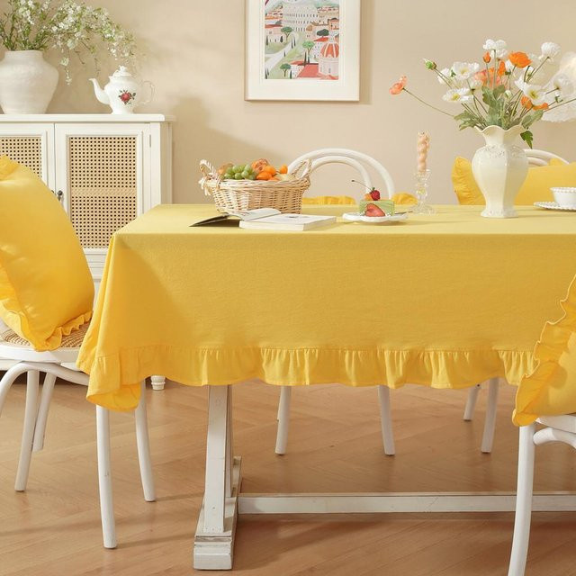 JMG Household Supplies Tischdecke aus gewaschener Baumwolle in Gelb mit Karomuster und Rüschen, B/T: 90 x 90 cm - Bild 1