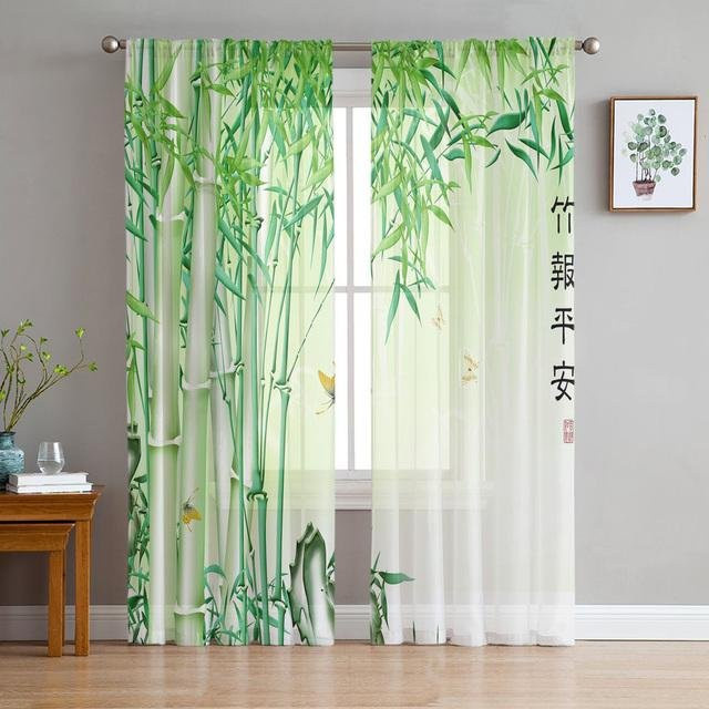 A Family Of Home Textiles Transparente Tüll-Vorhänge mit grünem Bambusblatt-Design, B/H: 135 x 137 cm, 2er-Set - Bild 1