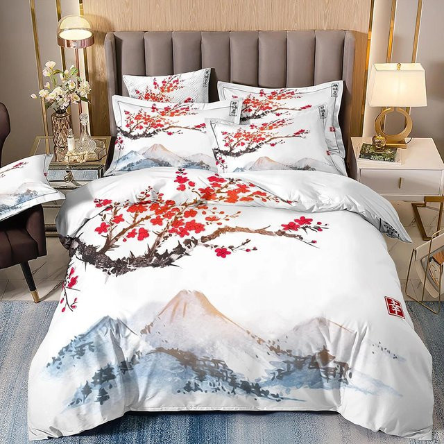 JMG Household Supplies Japanisches Bettwäsche-Set Ukiyo-e Stil mit Kirschblüten und Wellenmuster, Weiß, B/H: 135 x 200 cm - Bild 1