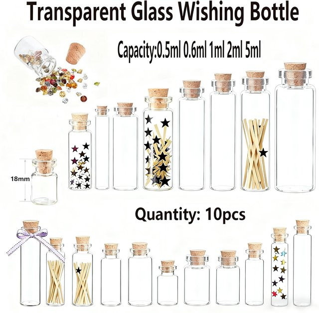 10 Stück Mini-Wunschflaschen aus Glas in Transparent, leere Glasflaschen für Hochzeitsgeschenke und DIY-Projekte, Volumen: 0,5–5 ml - Bild 1