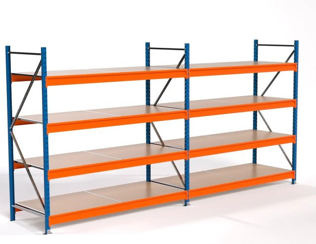 PROREGAL Industrie Weitspannregal MAXIMUS PRO Lagerregal mit 2 Feldern und 4 Spanplatten-Fachböden, Blau/Orange, H x B x T: 200 x 400 x 80 cm - Bild 1