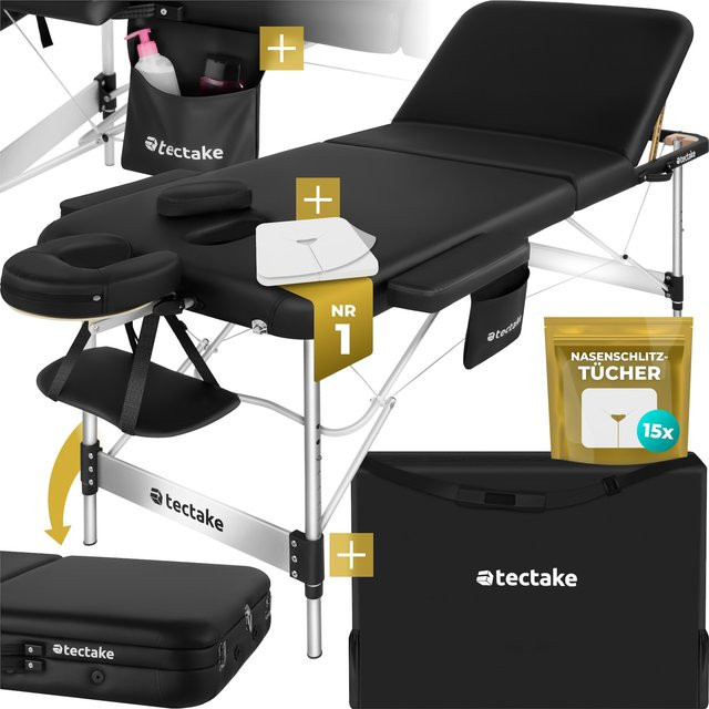 tectake 3 Zonen Massageliege Ko Tao in Schwarz mit Aluminiumgestell und verstellbarer Kopfstütze, B/T/H: 212 x 78 x 90 cm - Bild 1