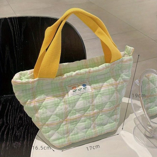 NATAWA Thermo-Lunchtasche für Damen, karierte isolierte Lunchbox mit Kordelzug in Grün - Bild 1