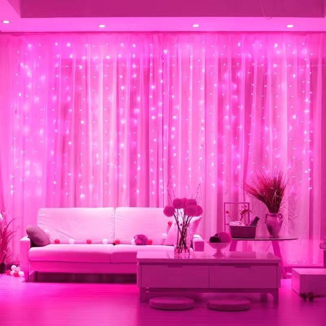 LED Vorhang Lichterkette mit 100 LEDs und Fernbedienung in Rosa, USB-Betrieb, B: 300 cm x H: 100 cm - Bild 1