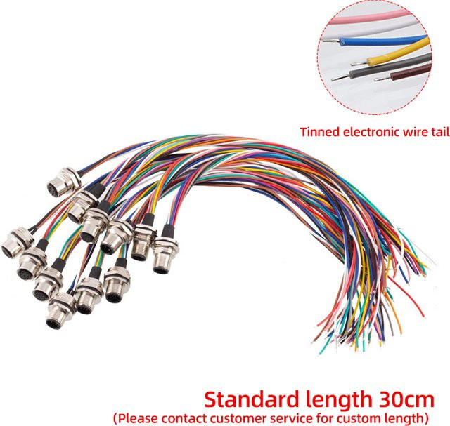 M12 Panel Mount Stecker Set mit 30 cm Drähten, Männlich und Weiblich, verschiedene Pin-Konfigurationen A B C D Code, PG9 Loch, Lötanschluss - Bild 1