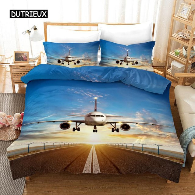 Jinmeige Bettbezug-Set mit Flugzeug-Motiv aus Mikrofaser, Blau, B/H: 135 x 200 cm - Bild 1