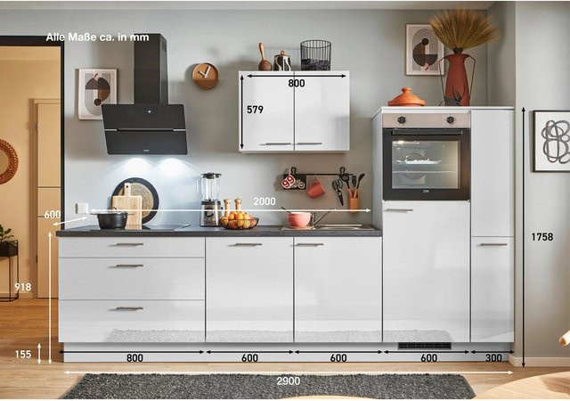 pino Küchenzeile Lichtgrau Hochglanz mit 1 Geräteschrank und 1 Apothekerschrank B: 290 cm, H: 174 cm, T: 60 cm - Bild 1